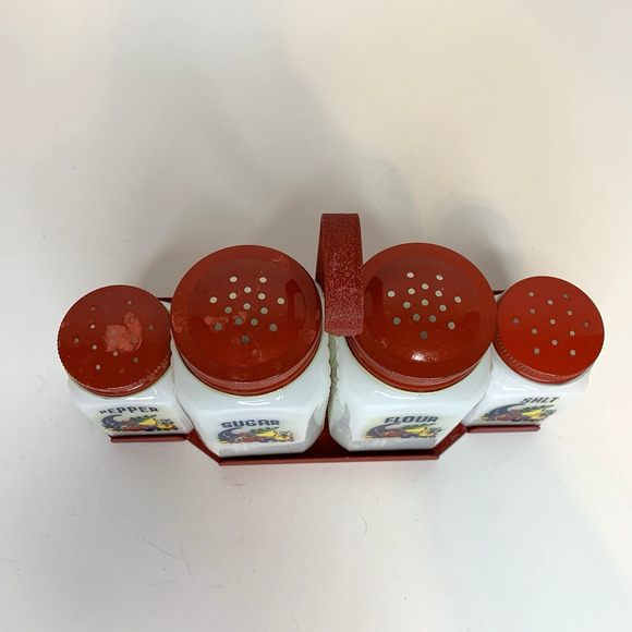 McKee Tipp City Cornucopia Milk Glass Shaker Lot Salt Pepper Flour Sugar Rack - Picture 2 of 9
